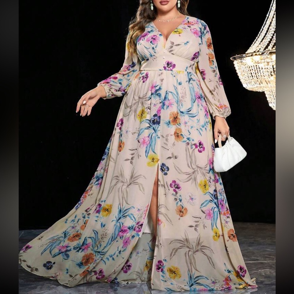 Boho Cottagecore Floral Print Slit Long Sleeve Maxi Dress